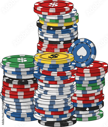 Create a realistic Stack of poker casino chips isolated on white. Gamble, gaming, casino, poker concept vector art with white background.