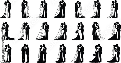 Wedding couple silhouette set featuring bride and groom kissing, embracing, and romantic poses with veil and bouquet isolated on white background