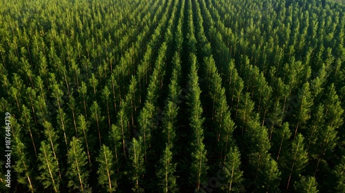 Sustainable forestry plantation rows reach skyward bathed in soft morning sunlight a lush green growth scene