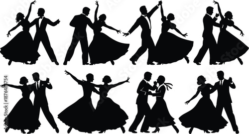 Elegant ballroom dancing couple silhouette set showing graceful waltz and tango movements with flowing dresses isolated on white background