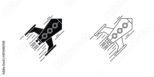 This silhouette icon illustrates a dynamic rocket in rapid motion, shown in two contrasting styles: solid black and outlined line art