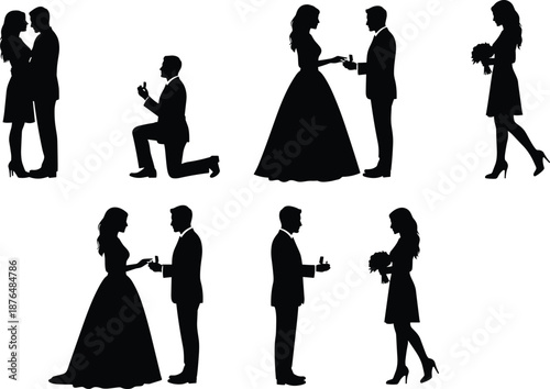 Wedding proposal and romantic couple silhouette set showing engagement ring moments, bride and groom scenes isolated on white background