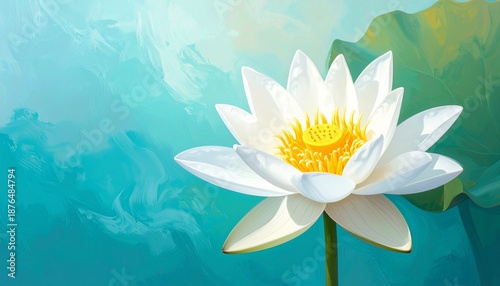 A glowing white lotus with yellow center floats in a dreamy blue-green mist, surrounded by large leaves—evoking purity, serenity, and mystical depth in an ethereal, painterly composition.