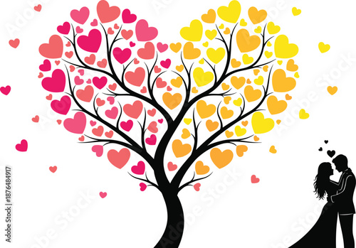 Romantic couple silhouette standing beside colorful heart shaped tree, symbolizing love, unity, happiness and dreamy Valentine romance illustration