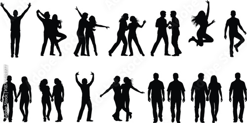 People silhouette collection showing dancing, walking, jumping and social interaction poses, expressing freedom, lifestyle energy and modern human movement