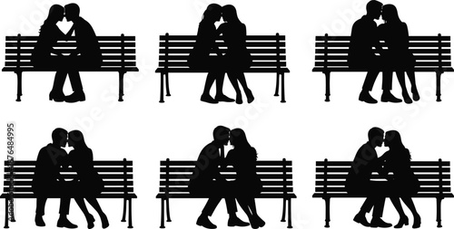 Romantic couple silhouette set sitting on park benches, showing kissing and intimate moments that express love, closeness and relationship connection