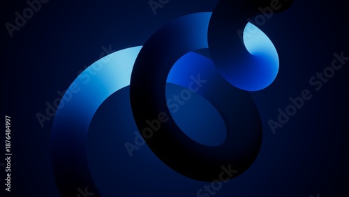 Fotografi Thick blue neon rings intertwine in a bold spiral on dark background