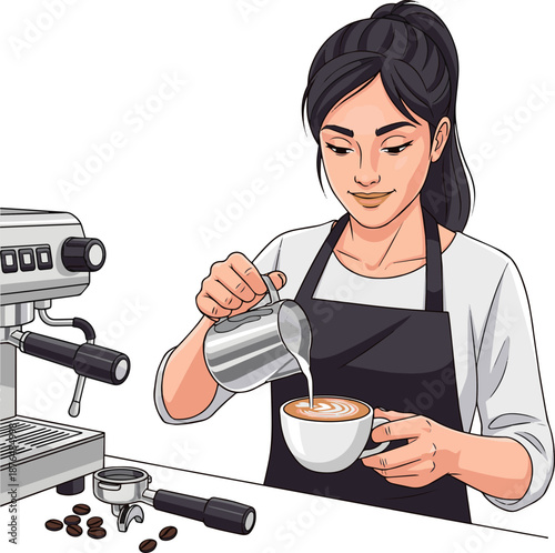 Create a Female barista making cappuccino vector art with white background..