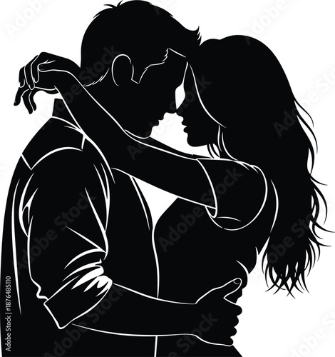 Intimate romantic couple silhouette embracing closely, foreheads touching, expressing deep love, passion and emotional connection in modern illustration