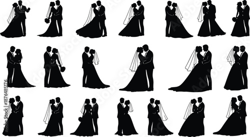 Wedding couple silhouette collection featuring bride and groom kissing, dancing and embracing, expressing love, romance and elegant marriage moments