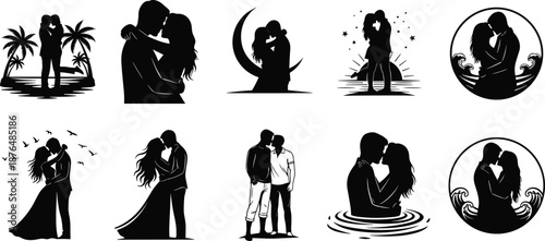 Romantic couple silhouette illustration set featuring kissing lovers, moonlight scenes, ocean waves and dreamy love moments for Valentine concepts