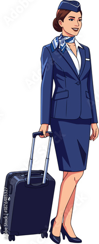  Create a Female flight attendant with a suitcase standing and waiting vector art with white background..