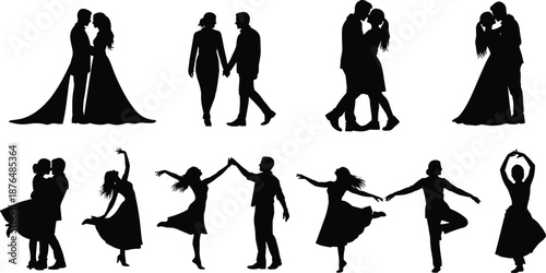 Romantic couple silhouette collection featuring walking, hugging, kissing and dancing poses, expressing love, movement and elegant relationship moments