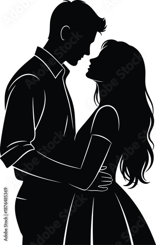 Intimate romantic couple silhouette standing face to face, embracing gently and expressing love, passion and deep emotional connection