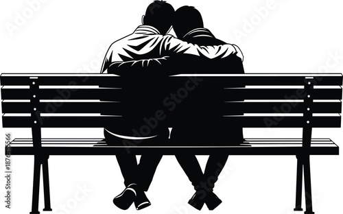 Romantic couple silhouette sitting on a park bench, hugging closely and expressing love, intimacy, companionship and peaceful relationship moments