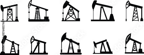 Oil Pump Jack Black Flat Style Vector Icon Set, Petroleum Industry Symbol Collection and Energy Outline Graphic Group Featuring Pumpjack, Oil Rig and Drilling Equipment