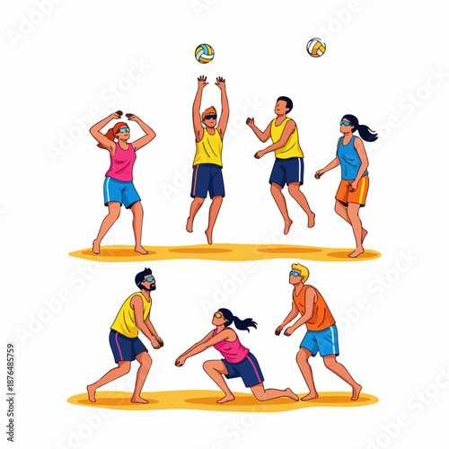 Group of young athletes playing beach volleyball on the sand in a dynamic vector illustration, enjoying a summer sports game.