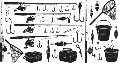 Fishing equipment and tackle on a clean white background
