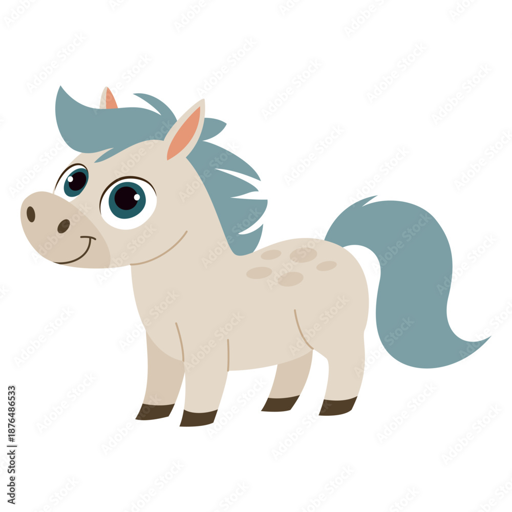 Fototapeta premium Cute Pony Cartoon Character. Adorable Baby Horse Farm Animal Vector Illustration for Kids. Children Education, Nursery Design and Storybook.