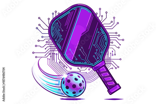 Innovative pickleball paddle design with futuristic circuit board patterns and a dynamic sports ball, representing the fusion of technology and athletic gameplay