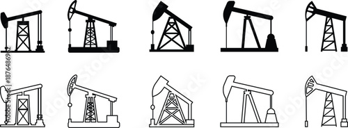 Oil Pump Jack Black Flat Line Style Vector Icon Set, Petroleum Industry Symbol Collection and Energy Outline Graphic Group Featuring Pumpjack, Oil Rig and Drilling Equipment