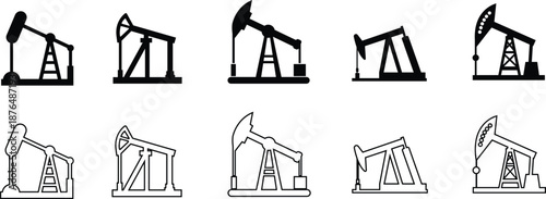 Oil Pump Jack Black Flat Line Style Vector Icon Set, Petroleum Industry Symbol Collection and Energy Outline Graphic Group Featuring Pumpjack, Oil Rig and Drilling Equipment