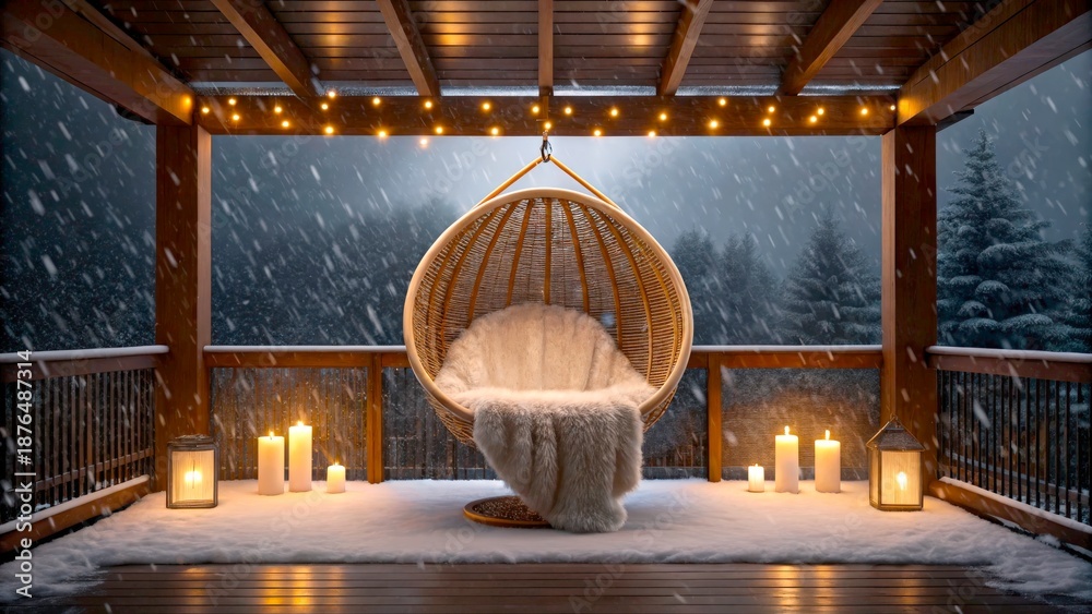 Obraz premium Cozy winter scene with hanging chair and candles on a snowy night in the forest
