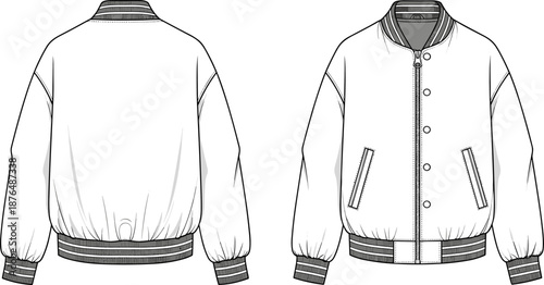 Vector technical sketch illustration of oversized bomber jacket with ribbed trims, front and back views, fashion flat design template, isolated on white background.