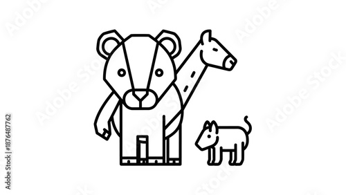 Cute cartoon bear and giraffe with small dog, simple line art illustration