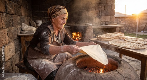 Traditional Bread Making in Ancient Stone Oven at Sunset