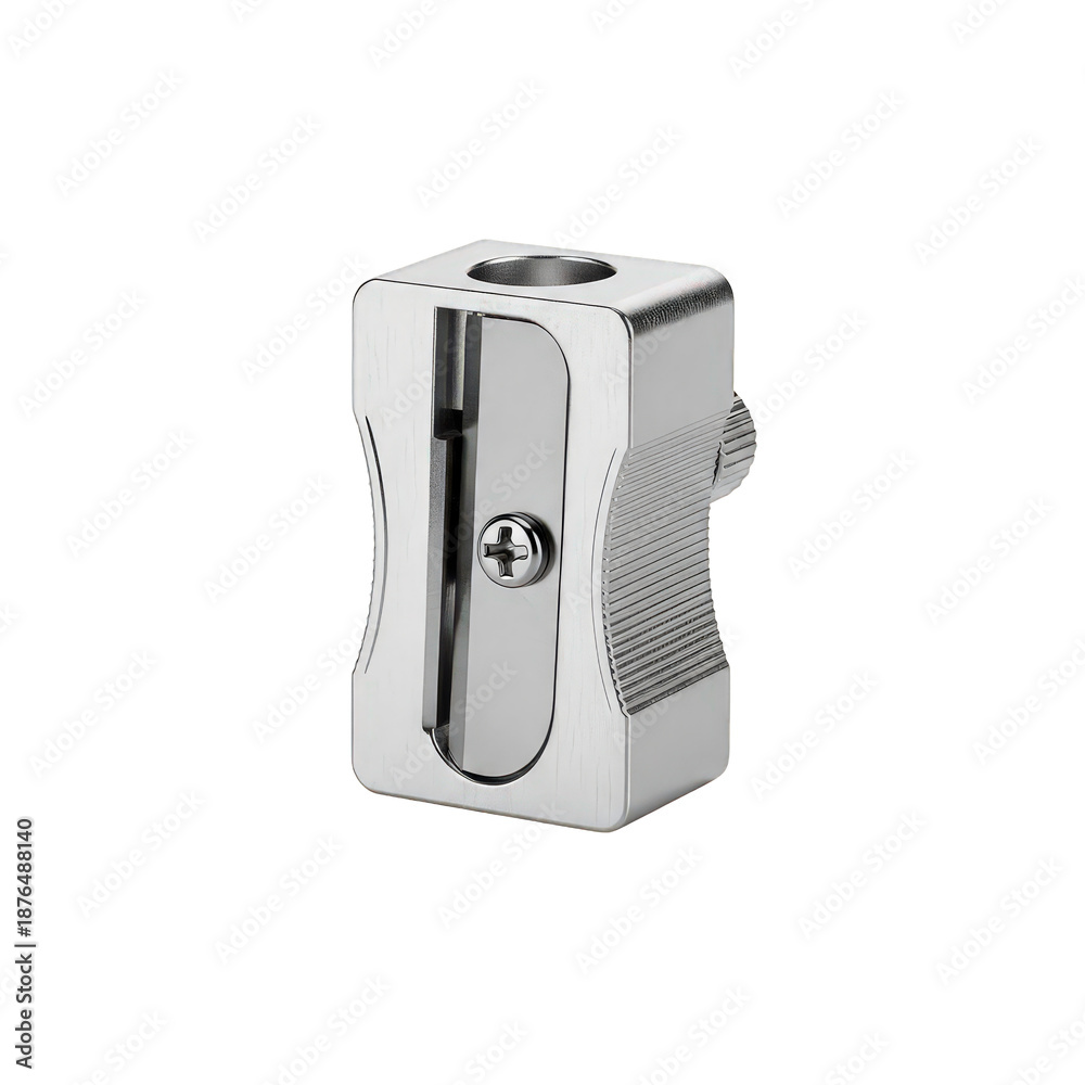 Obraz premium Modern chrome pencil sharpener isolated on transparent background