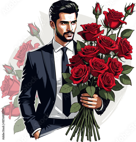  Create a realistic Handsome man standing and holding a bouquet of red roses in his hand vector art with white background.