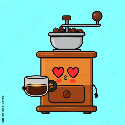 Cute cartoon coffee grinder mascot loving coffee