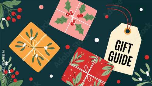 Festive Gift Guide vector illustration with holiday presents and mistletoe, perfect for seasonal promotions