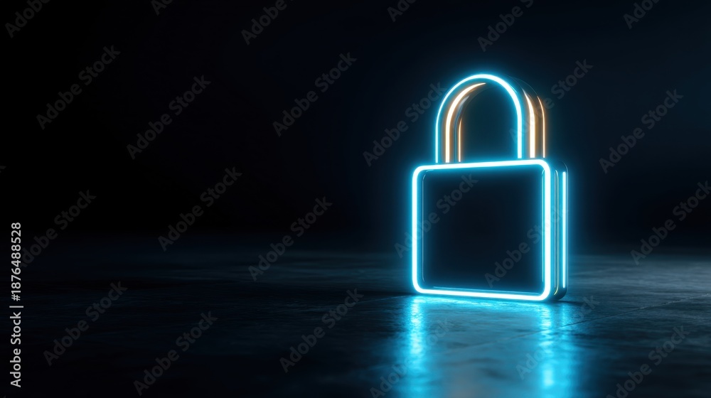 Fototapeta premium Glowing neon padlock as a cybersecurity concept. Digital data protection and secure access for online privacy. Website security.