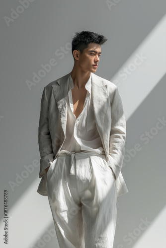 Young Handsome Asian Male Model Standing In White Linen Suit With Dramatic Shadow Lighting Effect
