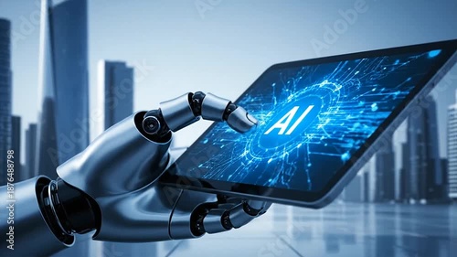 Robot hand holding tablet with AI interface on screen.