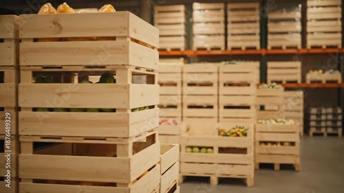 Warehouse storage of wooden crates containing fresh produce.