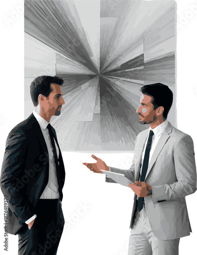 Create a realistic two businessmen standing and discussing vector art with white background.