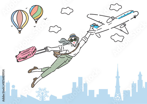 アクティブシニア 女性 旅行 イラスト コピースペース 横長 A判比率