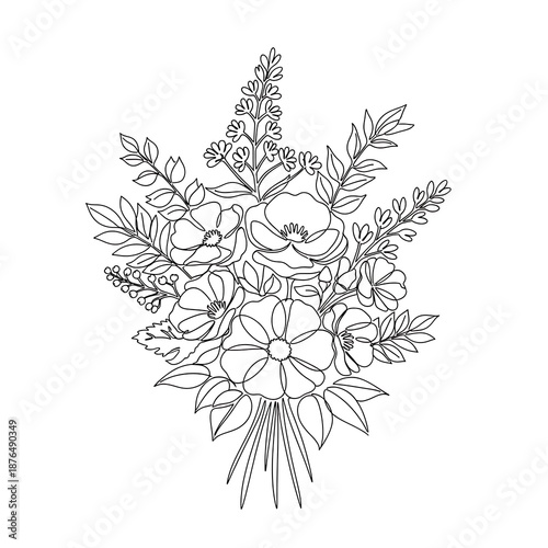 Elegant continuous line art illustration of a beautiful floral bouquet featuring blooming poppies and assorted foliage perfect for design projects.