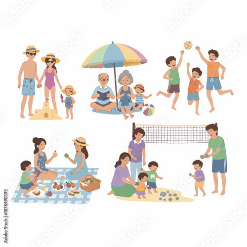 Set of vector illustrations depicting different families and generations enjoying summer holiday activities at the beach, including playing, relaxing, and picnicking.
