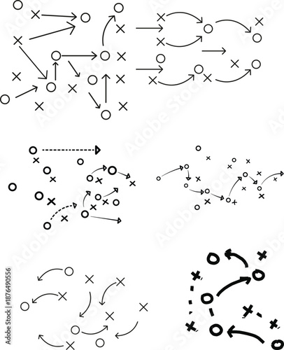  Soccer training plan diagram, passing routes and positioning, vector art