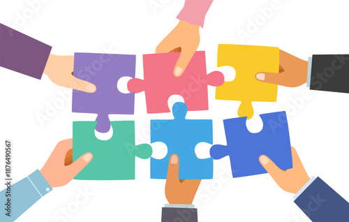 Concept of team building, teamwork. Hands connecting jigsaw puzzles in flat design. Team, partnership metaphor.