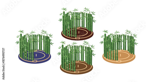 A vector graphic illustration of four bamboo planters in different colors on a white background