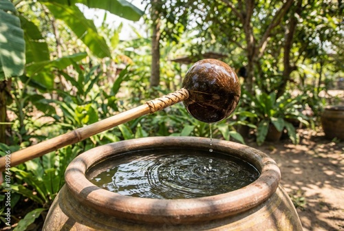 Wallpaper Mural Traditional water scoop over earthen pot in lush garden setting for Songkran   Torontodigital.ca