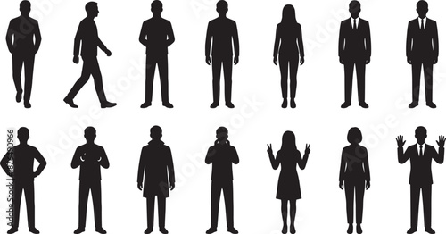 Set of Business Professional Silhouettes in Formal Suits with Various Hand Gestures and Poses Isolated on White Background for Corporate Leadership and Communication Concepts