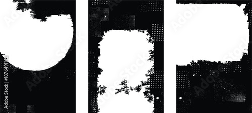 Distressed masks overlays set, rough edges, grunge textured space for text. Grungy poster layers set. Design element for brochure, social media, posters, flyers. Overlay texture.