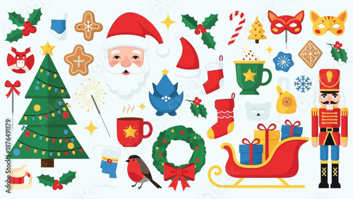 Festive collection of christmas elements and holiday decorations illustrated in a cartoon style