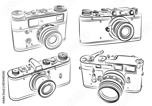 Set sketches of vintage film photo cameras.
